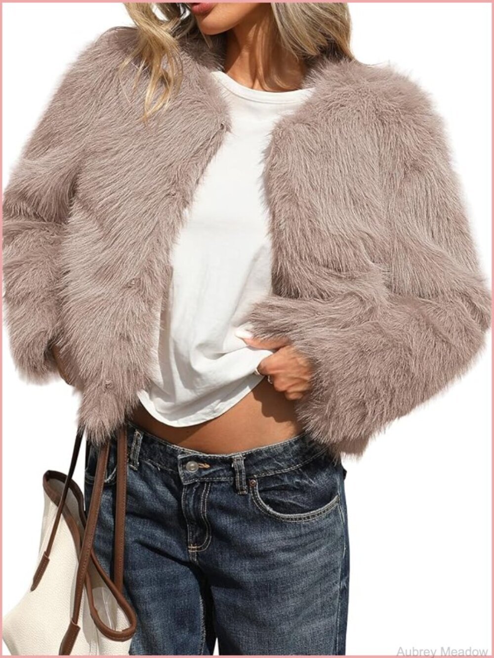 Faux Fur Cropped Coat with Hooks & Pockets, Soft Winter Jacket